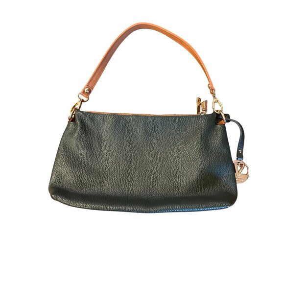Valentina Italy Leather Shoulder Bag Green Tan Strap Gold Logo Zip Purse - Picture 3 of 16